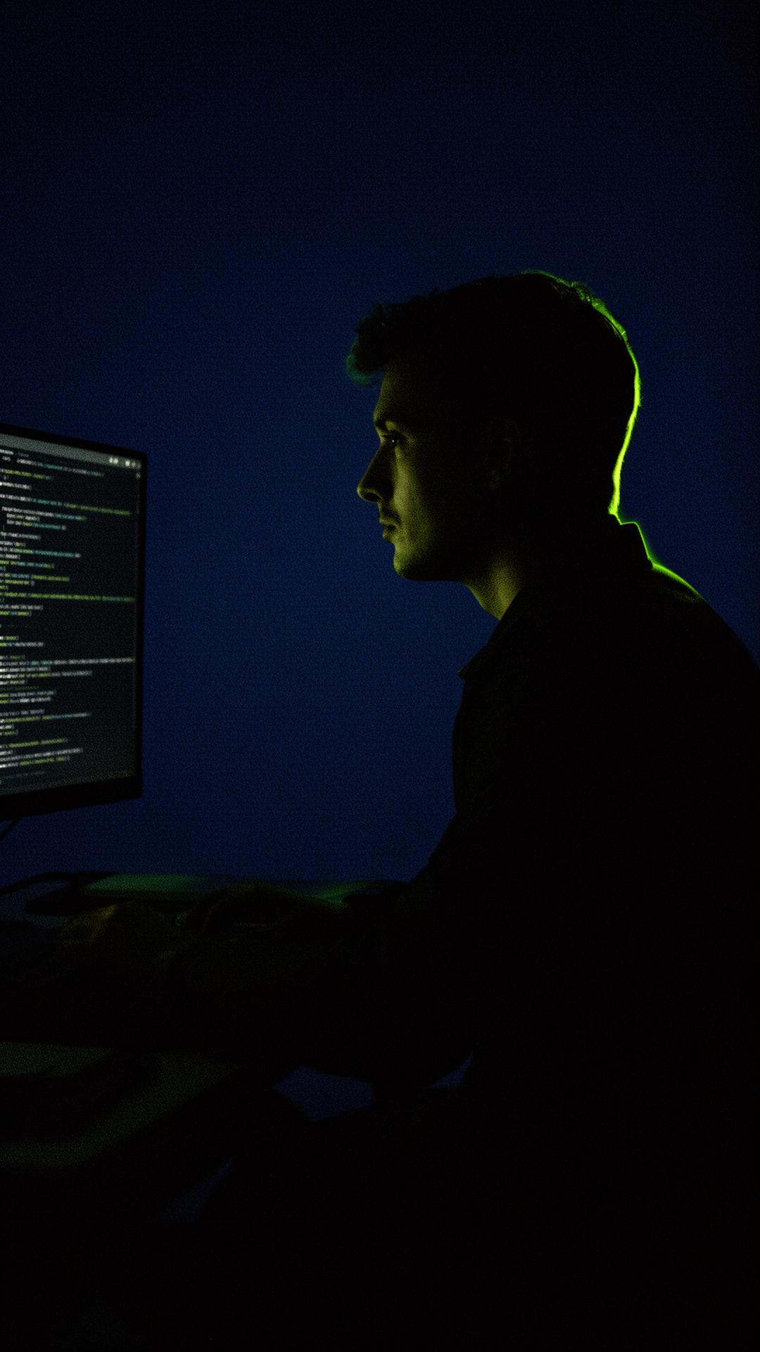 Developer at work in moody studio lighting